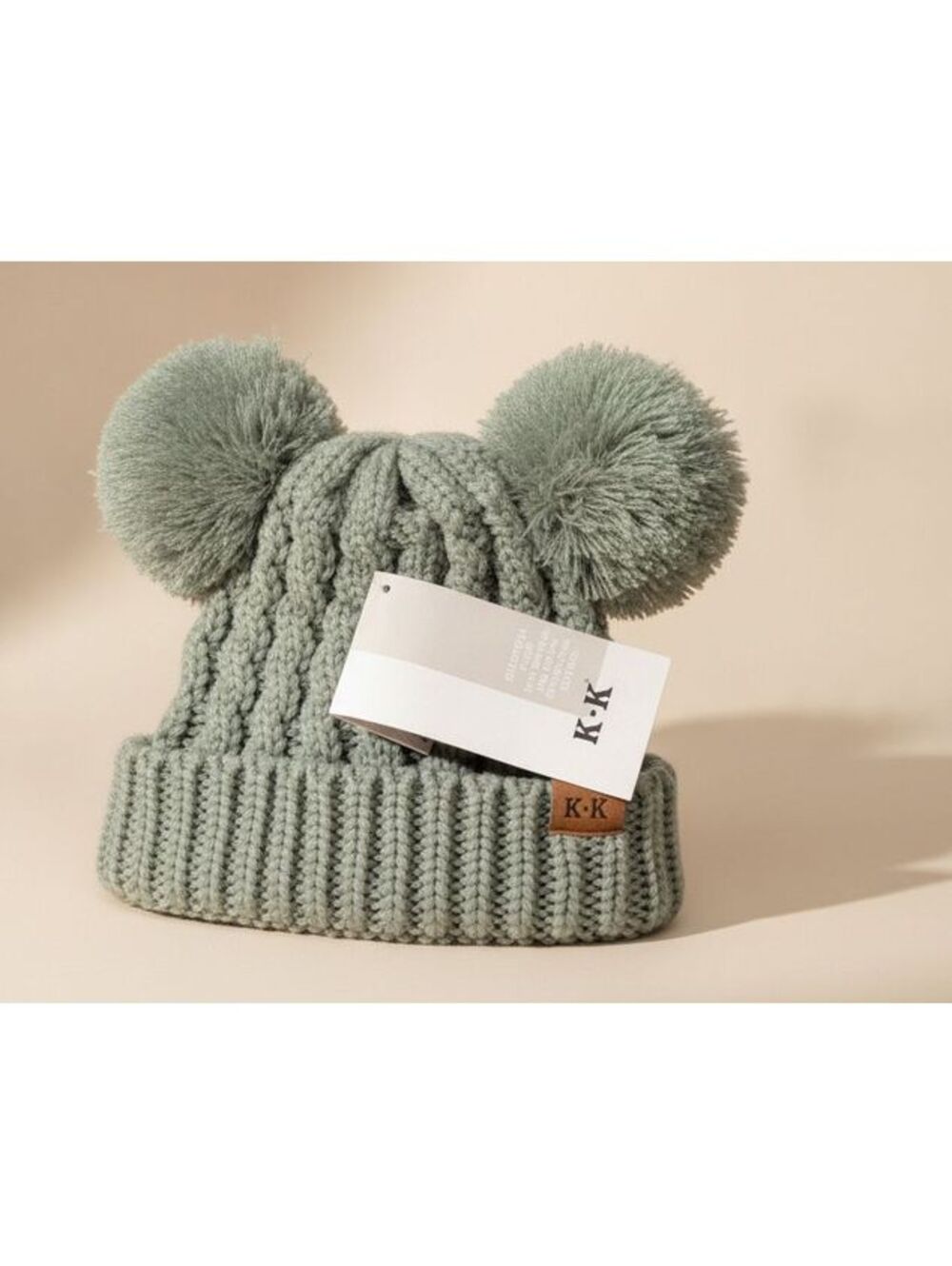 Kids Winter Hat Grey w Pom Pom Ears Cute Thick Warm Knitted Winter Beanie NEW